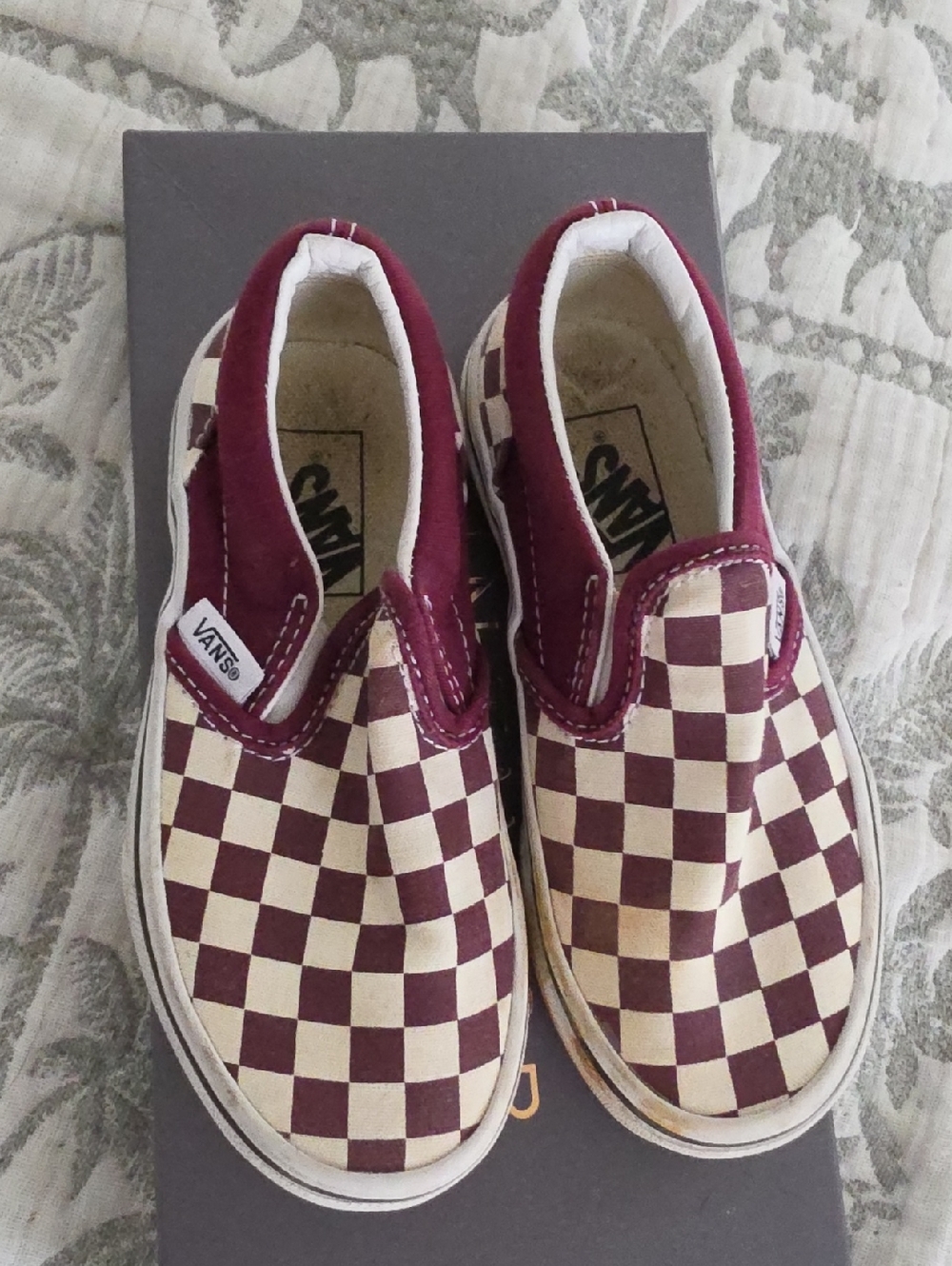 Vans Kids Slip-On Checkerboard Sneakers - Burgundy and Cream